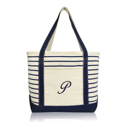 Dalix Striped P-Initial Tote Bag Womens Ballent Letter P