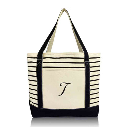 Dalix Striped T-Initial Tote Bag Womens Ballent Letter T