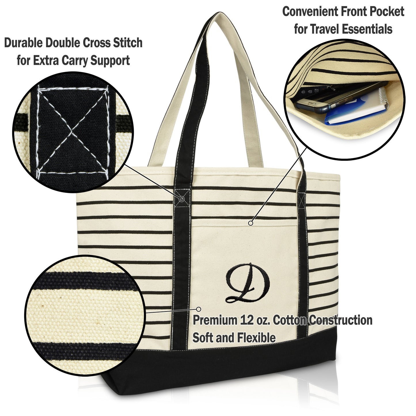 Dalix Striped D-Initial Tote Bag Womens Ballent Letter D