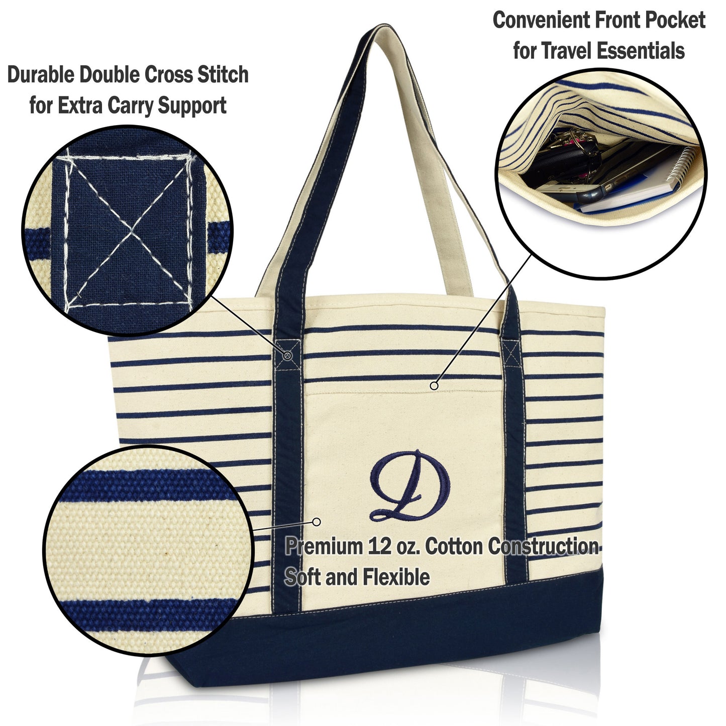 Dalix Striped D-Initial Tote Bag Womens Ballent Letter D