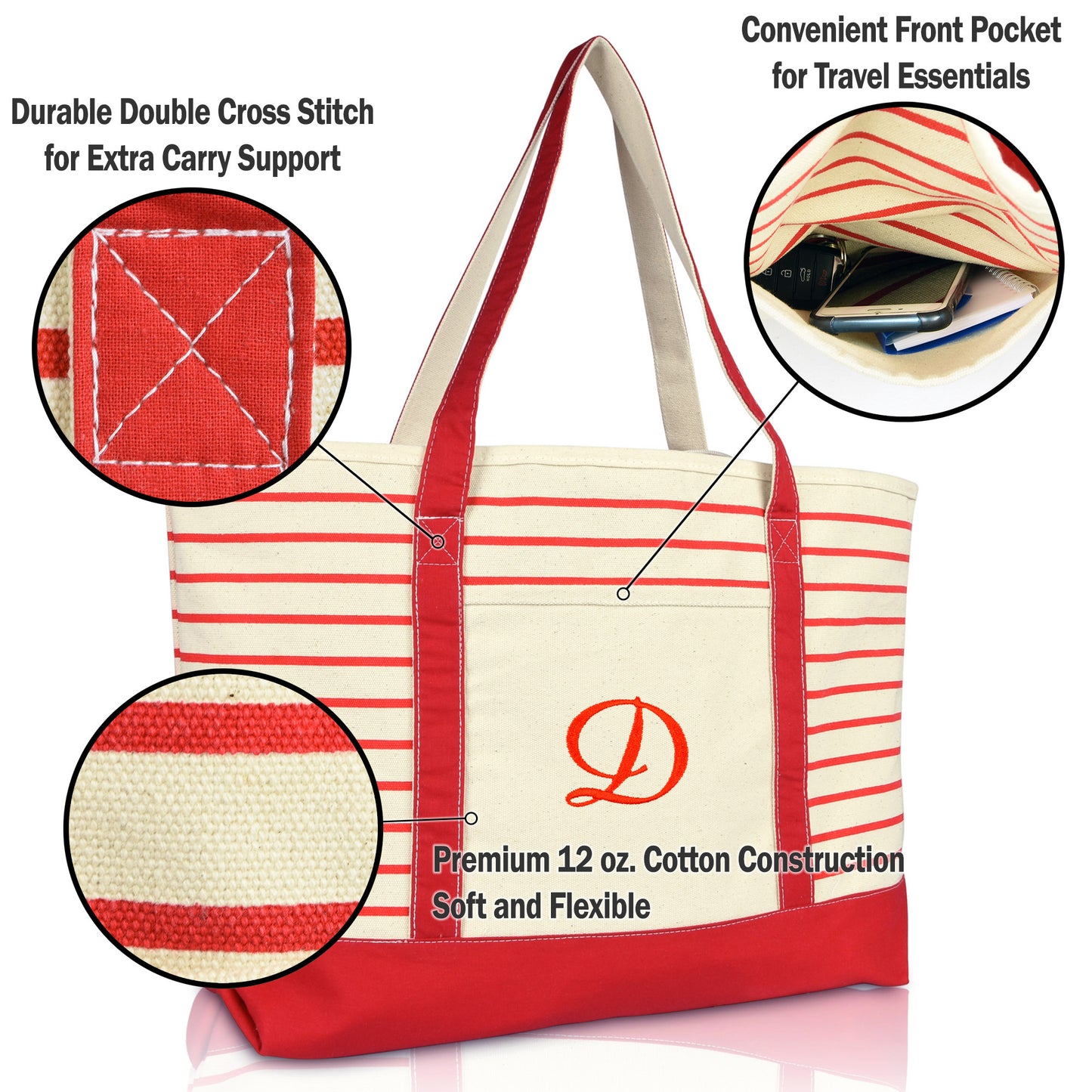 Dalix Striped D-Initial Tote Bag Womens Ballent Letter D
