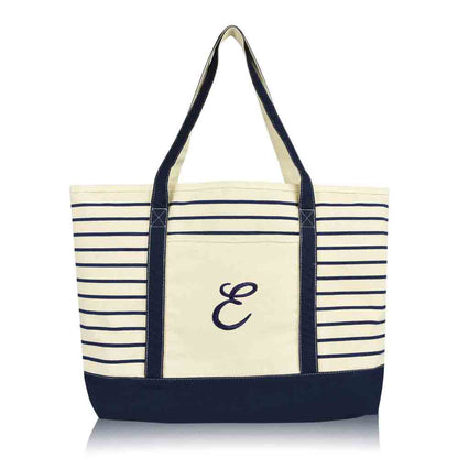 Dalix Striped E-Initial Tote Bag Womens Ballent Letter E