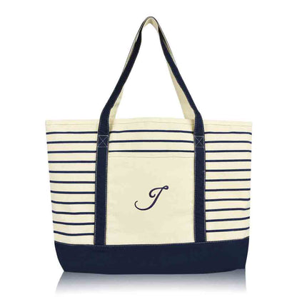 Dalix Striped J-Initial Tote Bag Womens Ballent Letter J