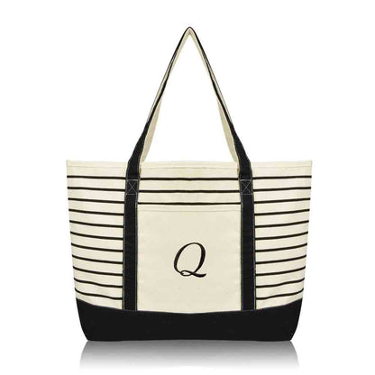 Dalix Striped Q-Initial Tote Bag Womens Ballent Letter Q