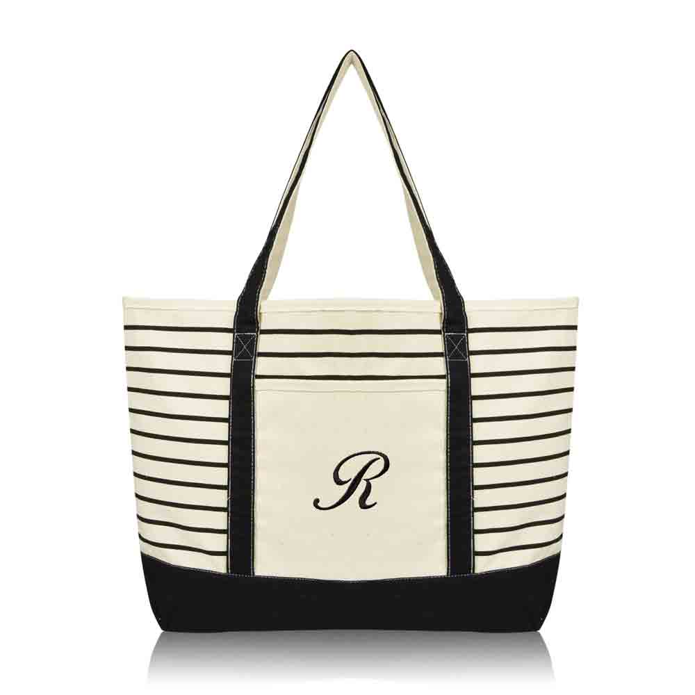 Dalix Striped R-Initial Tote Bag Womens Ballent Letter R