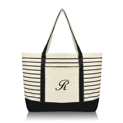 Dalix Striped R-Initial Tote Bag Womens Ballent Letter R