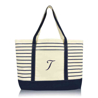 Dalix Striped T-Initial Tote Bag Womens Ballent Letter T