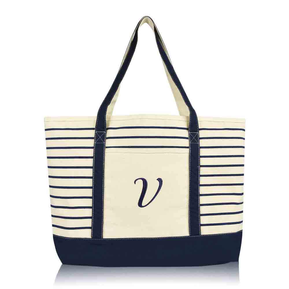 Dalix  Striped V-Initial Tote Bag Womens Ballent Letter V