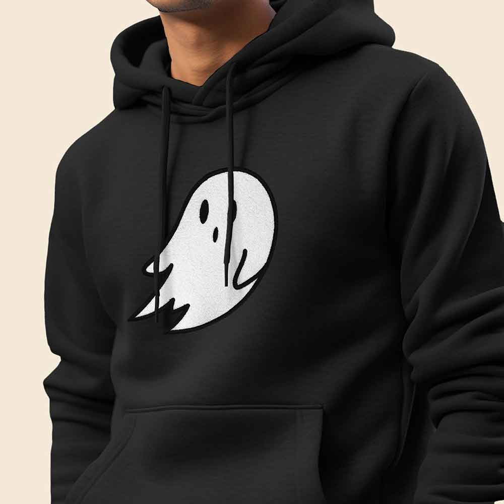 Dalix Giant Ghost Embroidered Hoodie Soft Fleece Hood Sweatshirt Mens in Black S Small