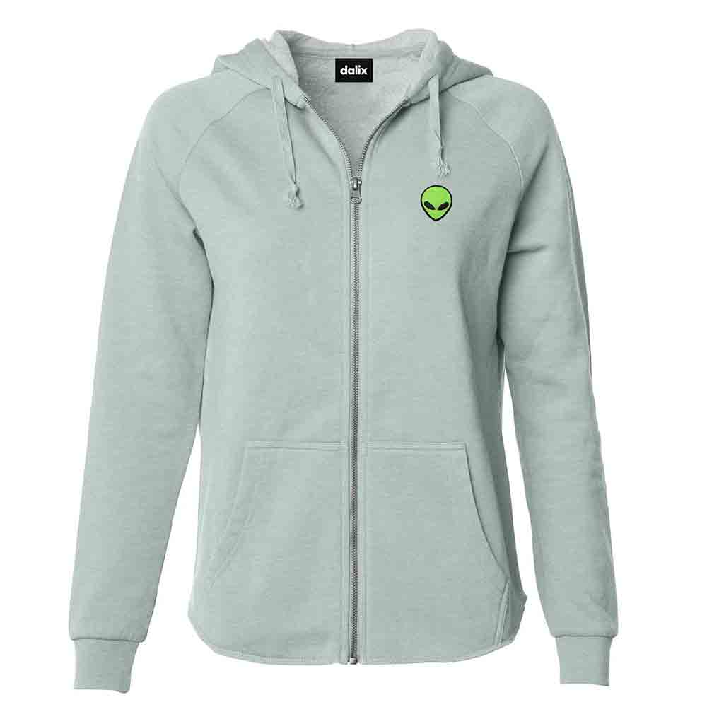 Dalix Alien Embroidered Fleece Zip Washed Hoodie Cold Fall Winter Women in Sage 2XL XX-Large