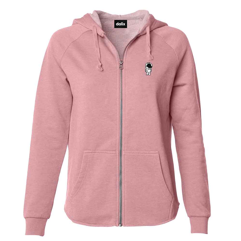 Dalix Astronaut Embroidered Fleece Zip Washed Hoodie Cold Fall Winter Women in Dusty Rose 2XL XX-Large