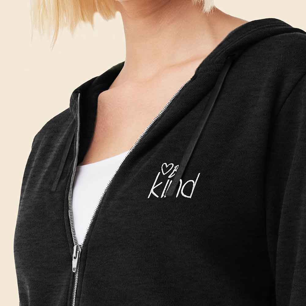 Dalix Be Kind Embroidered Hoodie Fleece Sweatshirt Zip Front Womens in Black XL X-Large