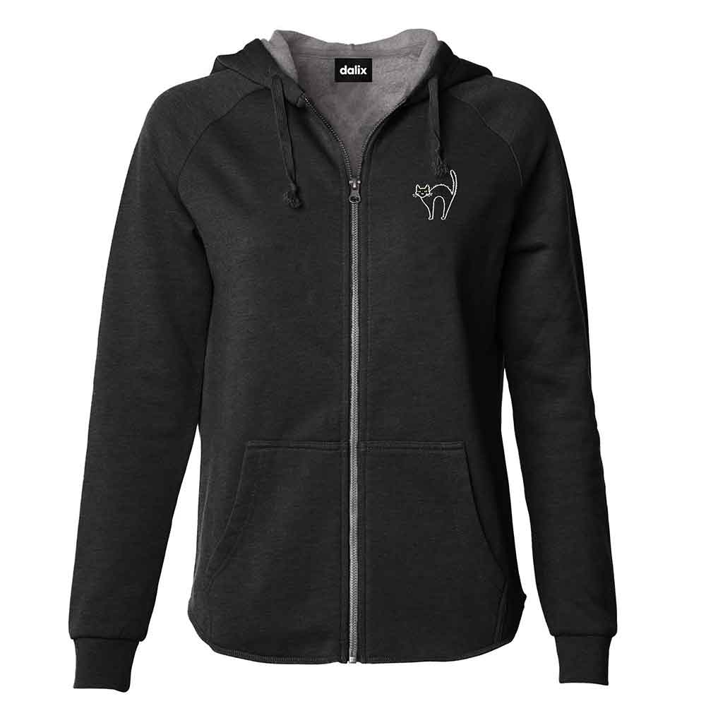 Dalix Black Cat Embroidered Fleece Zip Washed Hoodie Cold Fall Winter Women in Black 2XL XX-Large