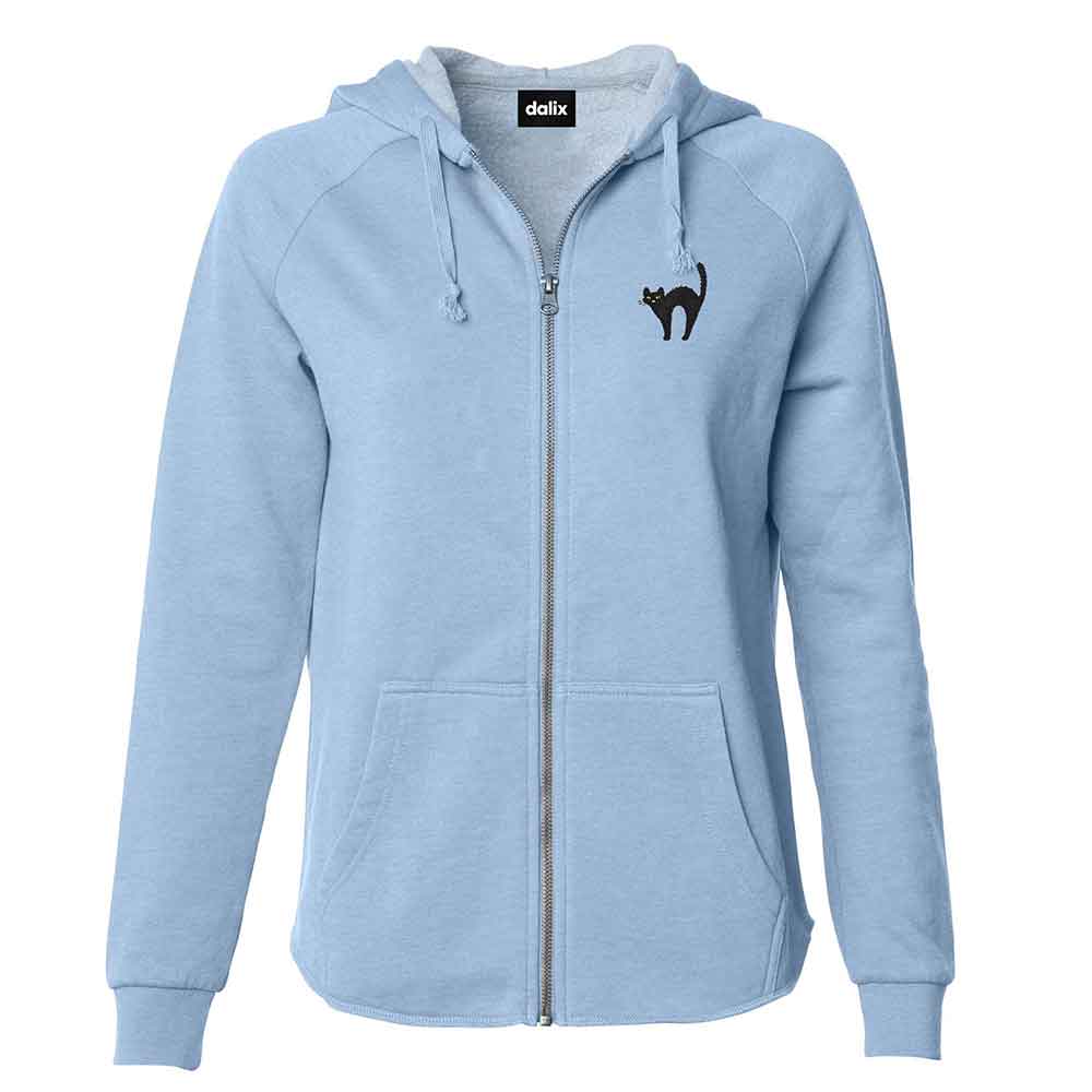 Dalix Black Cat Embroidered Fleece Zip Washed Hoodie Cold Fall Winter Women in Misty Blue 2XL XX-Large