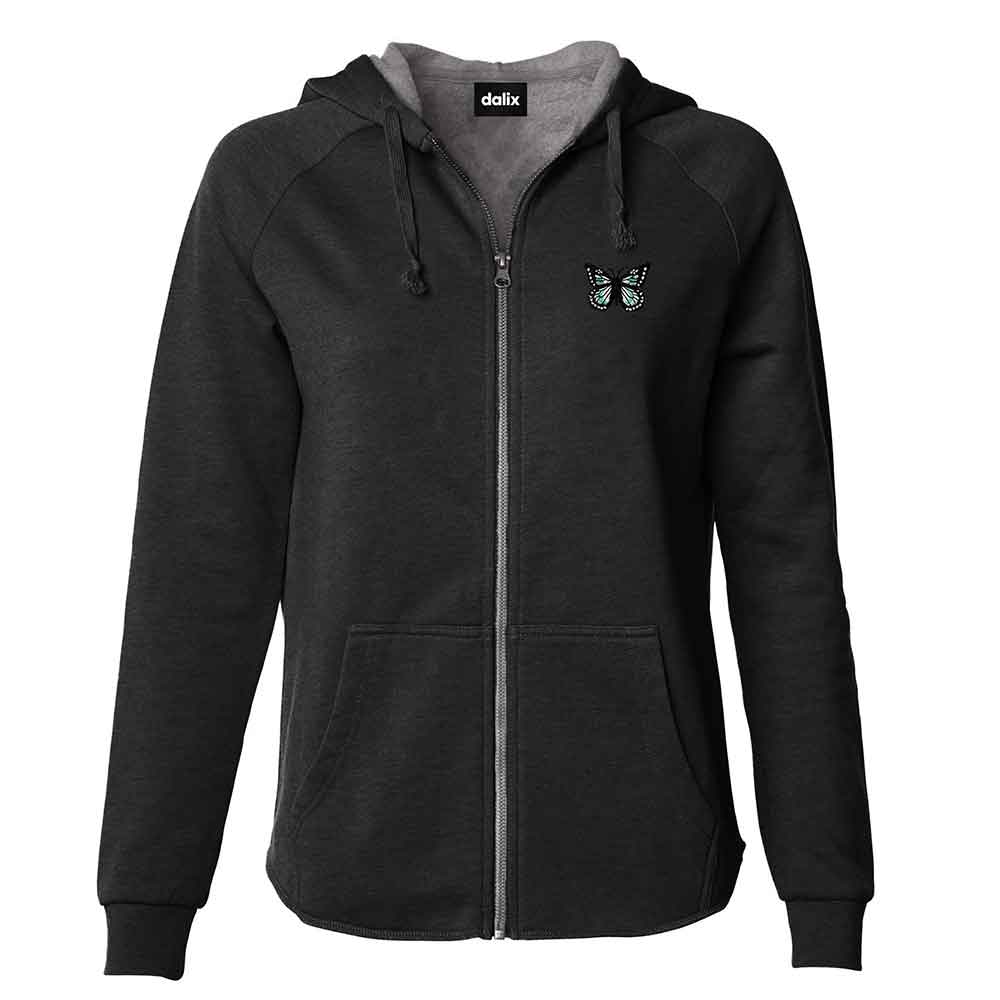 Dalix Butterfly Embroidered Fleece Zip Hoodie Cold Fall Winter Women in Sage XS X-Small