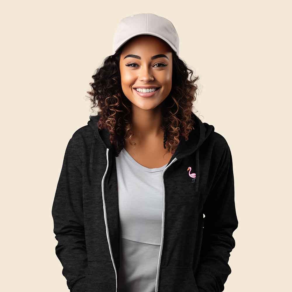 Dalix Flamingo Embroidered Fleece Zip Washed Hoodie Cold Fall Winter Women in Black 2XL XX-Large