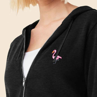 Dalix Flamingo Embroidered Fleece Zip Washed Hoodie Cold Fall Winter Women in Black 2XL XX-Large