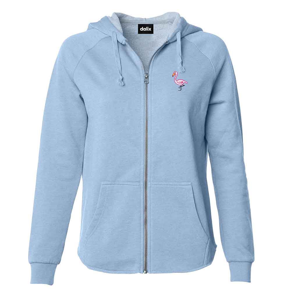 Dalix Flamingo Embroidered Fleece Zip Washed Hoodie Cold Fall Winter Women in Misty Blue 2XL XX-Large