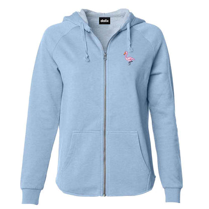 Dalix Flamingo Embroidered Fleece Zip Washed Hoodie Cold Fall Winter Women in Misty Blue 2XL XX-Large