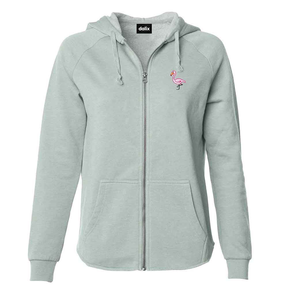 Dalix Flamingo Embroidered Fleece Zip Washed Hoodie Cold Fall Winter Women in Sage 2XL XX-Large