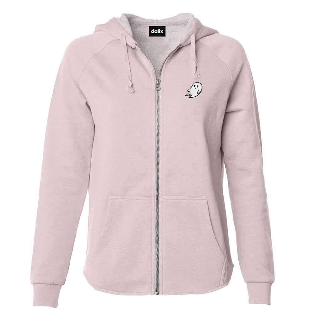 Dalix Ghost Embroidered Fleece Zip Washed Hoodie Cold Fall Winter Women in Blush 2XL XX-Large