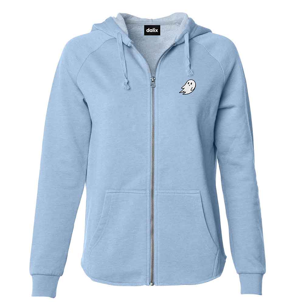 Dalix Ghost Embroidered Fleece Zip Washed Hoodie Cold Fall Winter Women in Misty Blue 2XL XX-Large