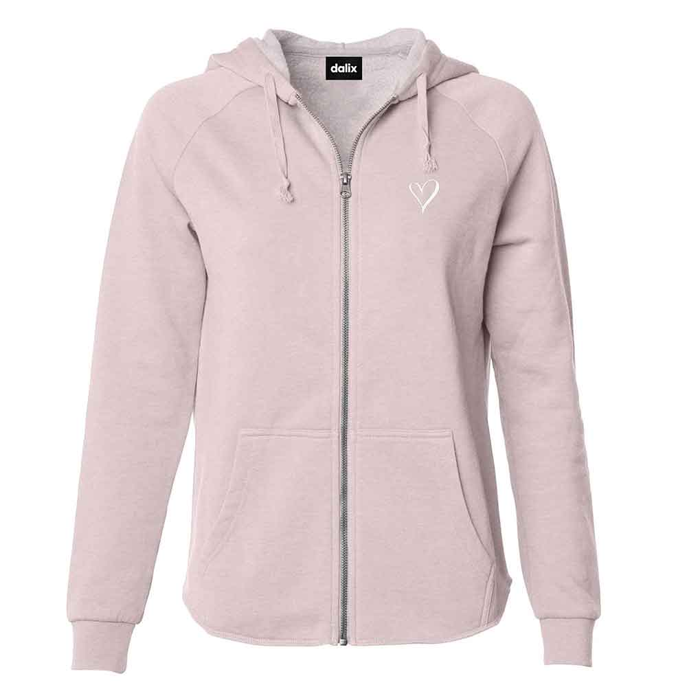Dalix Heart Embroidered Fleece Zip Washed Hoodie Cold Fall Winter Women in Blush 2XL XX-Large