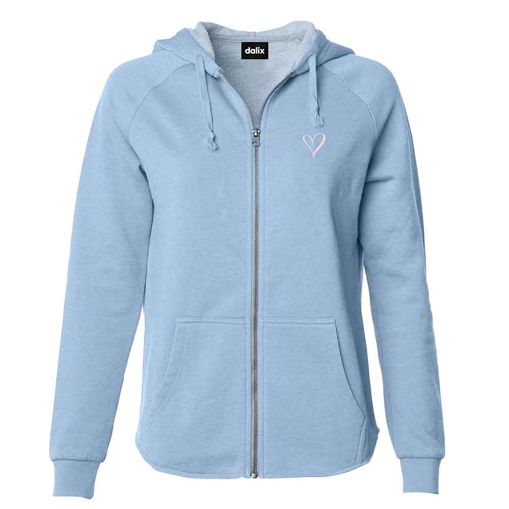 Dalix Heart Embroidered Fleece Zip Washed Hoodie Cold Fall Winter Women in Misty Blue 2XL XX-Large
