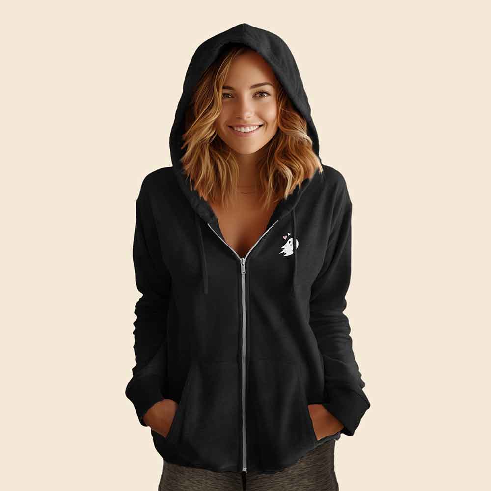 Dalix Heartly Ghost Embroidered Fleece Zip Hoodie Cold Fall Winter Women in Black M Medium