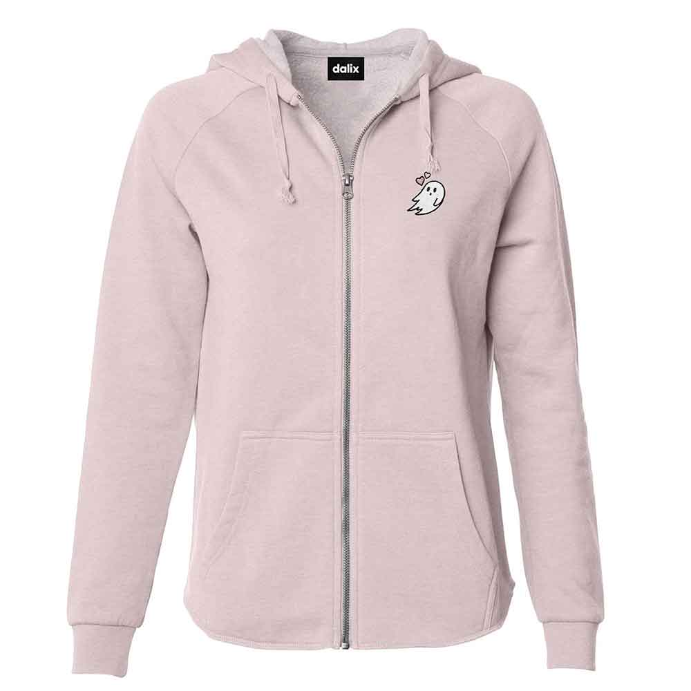 Dalix Heartly Ghost Embroidered Fleece Zip Hoodie Cold Fall Winter Women in Shadow XS X-Small