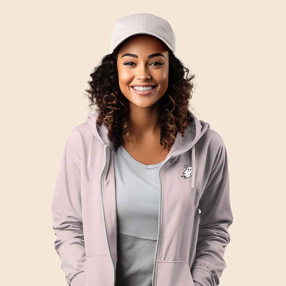 Dalix Heartly Ghost Embroidered Fleece Zip Hoodie Cold Fall Winter Women in Shadow L Large