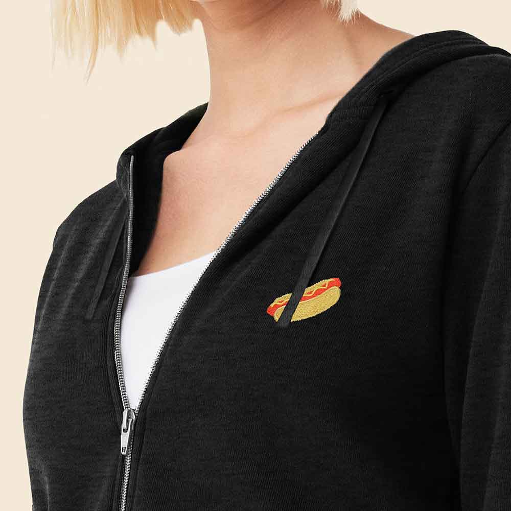Dalix Hot Dog Embroidered Fleece Zip Washed Hoodie Cold Fall Winter Women in Black 2XL XX-Large