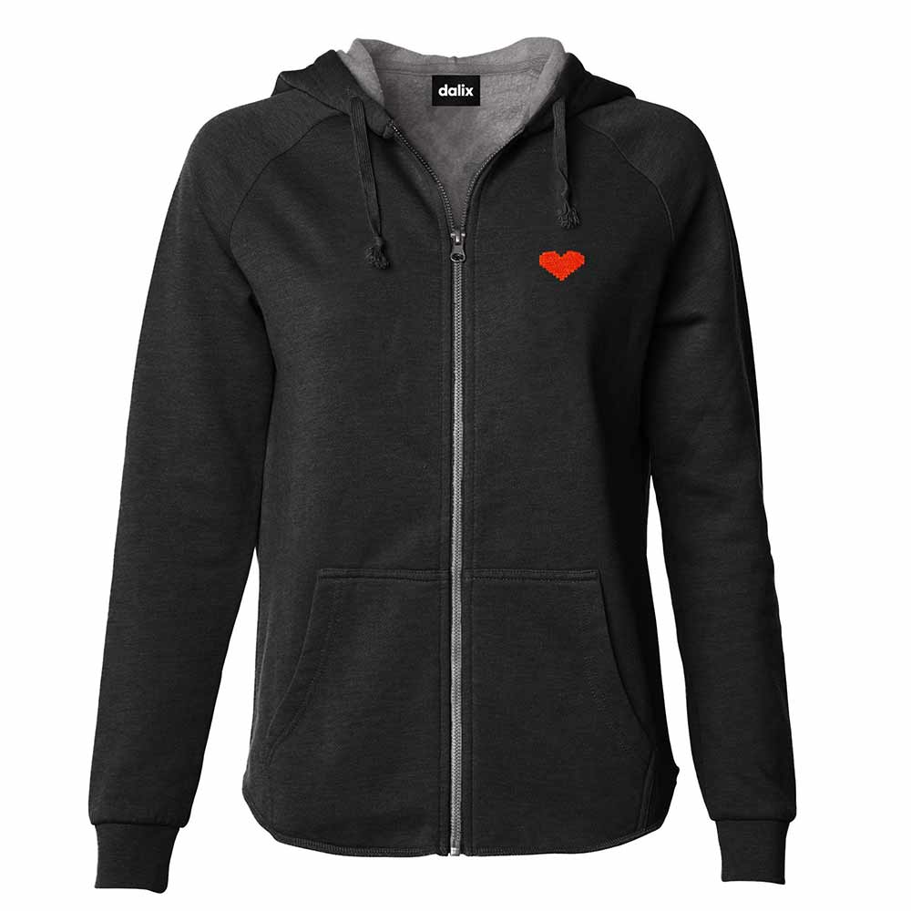 Dalix Pixel Heart Embroidered Fleece Zip Washed Hoodie Cold Fall Winter Women in Black 2XL XX-Large