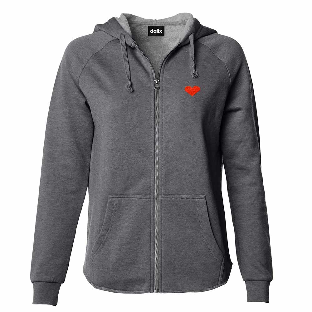 Dalix Pixel Heart Embroidered Fleece Zip Washed Hoodie Cold Fall Winter Women in Shadow 2XL XX-Large