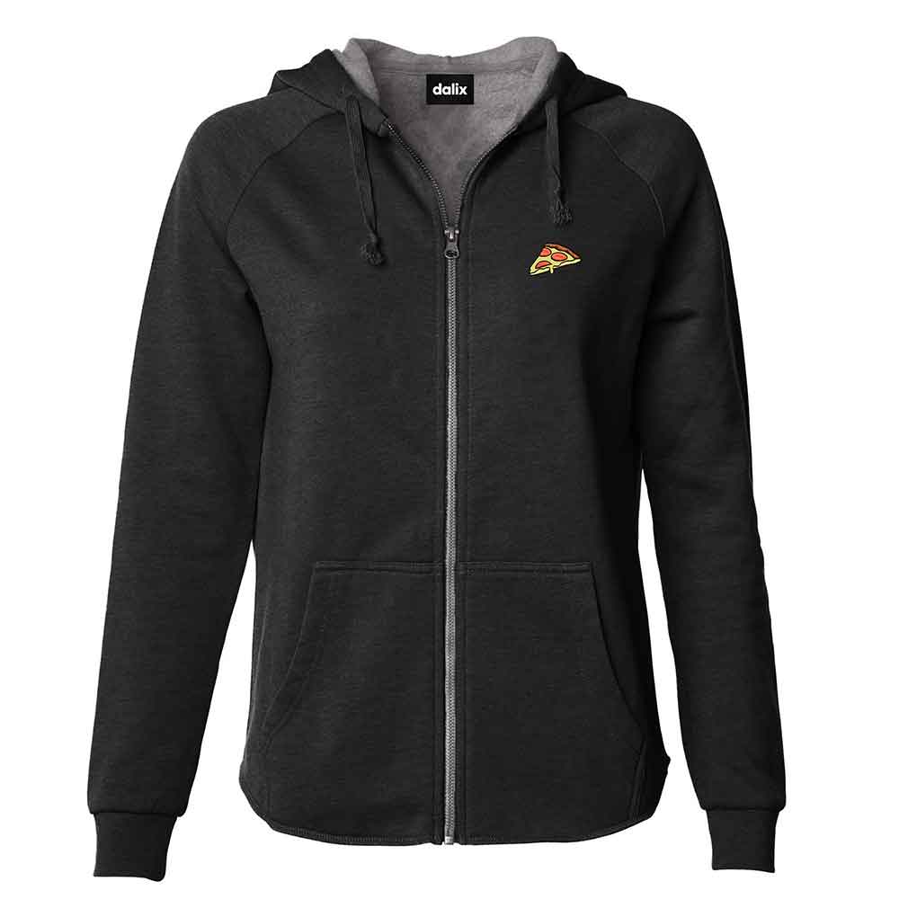 Dalix Pizza Embroidered Fleece Zip Washed Hoodie Cold Fall Winter Women in Black 2XL XX-Large