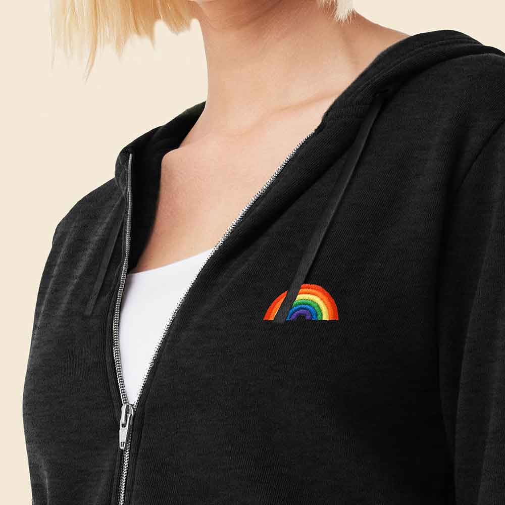 Dalix Rainbow Embroidered Fleece Zip Hoodie Cold Fall Winter Women in Black XL X-Large