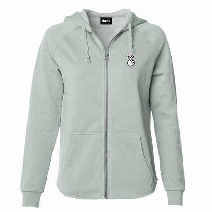 Dalix Snap Heart Embroidered Fleece Zip Washed Hoodie Cold Fall Winter Women in Sage 2XL XX-Large