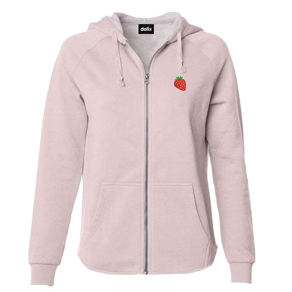 Dalix Strawberry Embroidered Fleece Zip Washed Hoodie Cold Fall Winter Women in Blush 2XL XX-Large