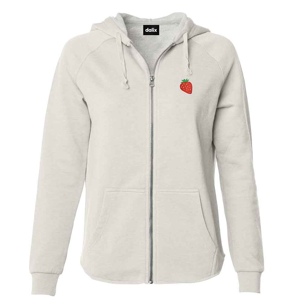Dalix Strawberry Embroidered Fleece Zip Washed Hoodie Cold Fall Winter Women in Bone 2XL XX-Large