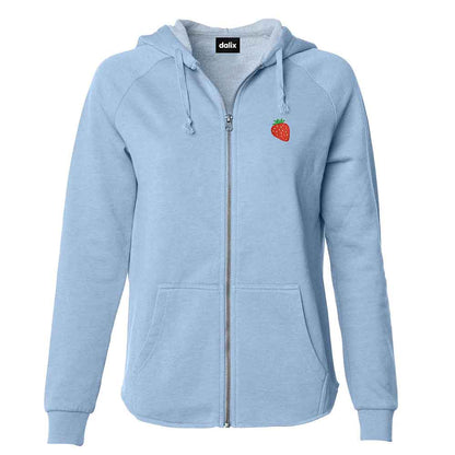 Dalix Strawberry Embroidered Fleece Zip Washed Hoodie Cold Fall Winter Women in Misty Blue 2XL XX-Large