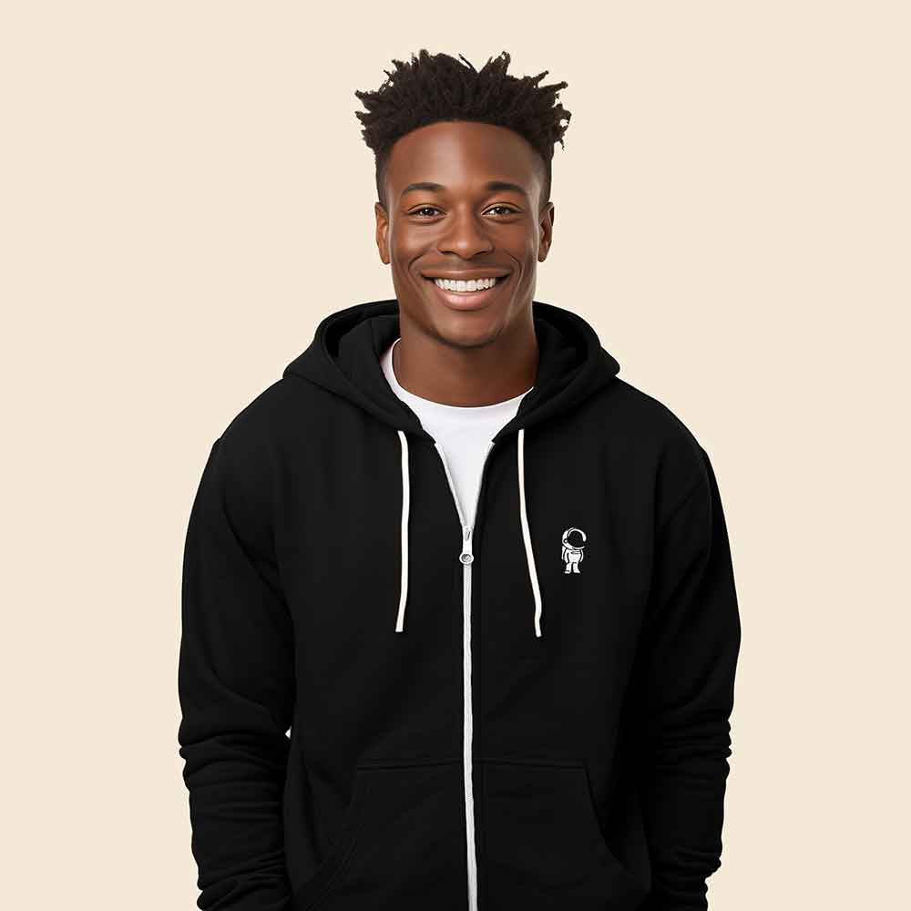 Dalix Astronaut Embroidered Hoodie Fleece Sweatshirt Zip Front Mens in Black M Medium