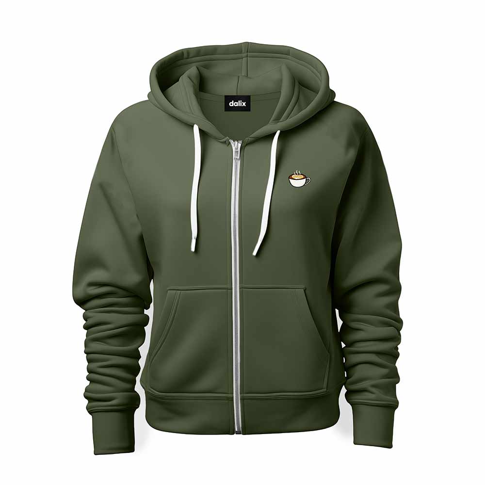 Dalix Cappuccino Embroidered Zip Hoodie Fleece Long Sleeve Pocket Warm Soft Mens in Military Green 2XL XX-Large