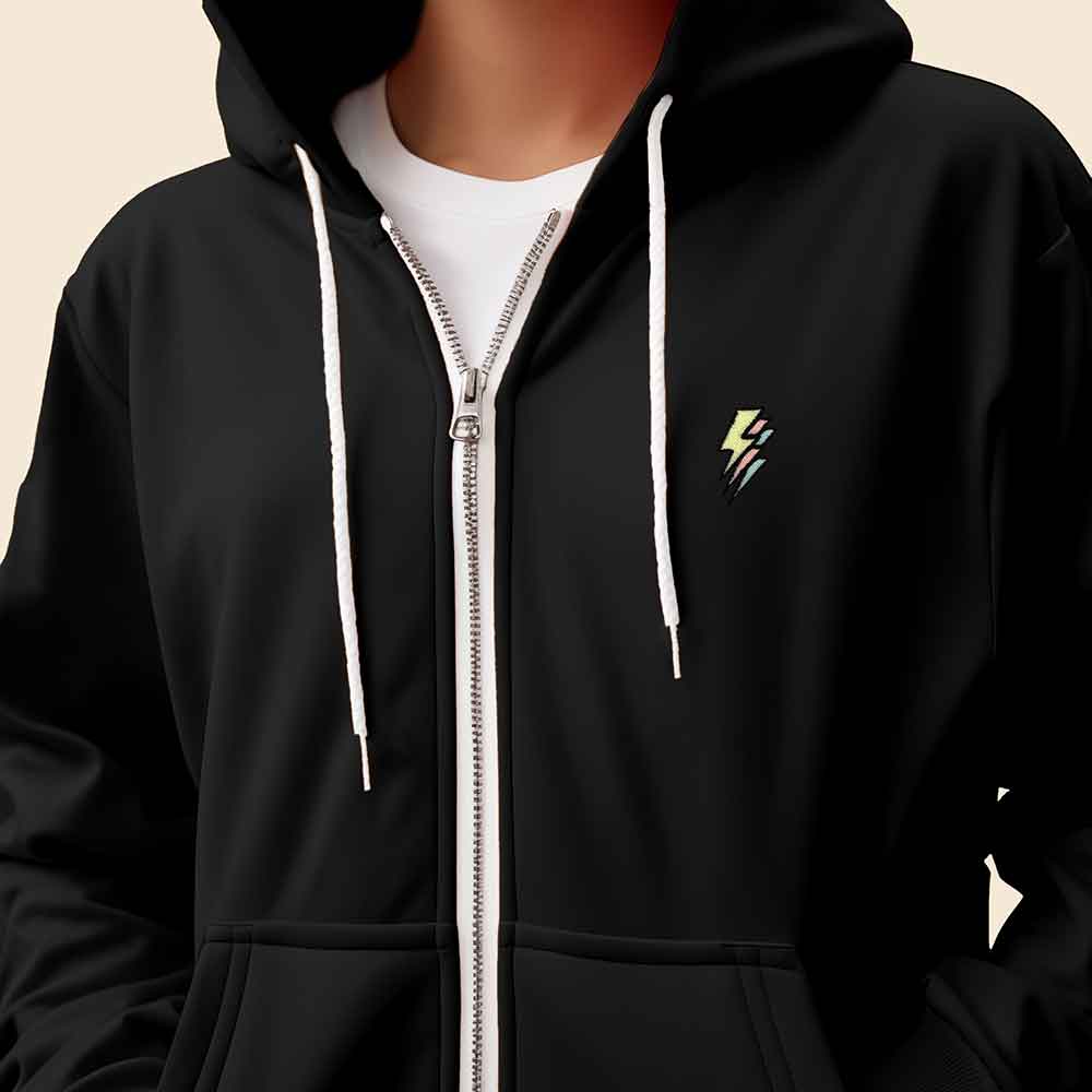 Dalix Lightning Embroidered Hoodie Fleece Sweatshirt Zip Front Mens in Black S Small