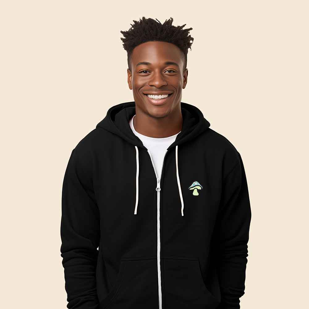 Dalix Mushroom Embroidered Hoodie Fleece Sweatshirt Zip Front Mens in Black M Medium