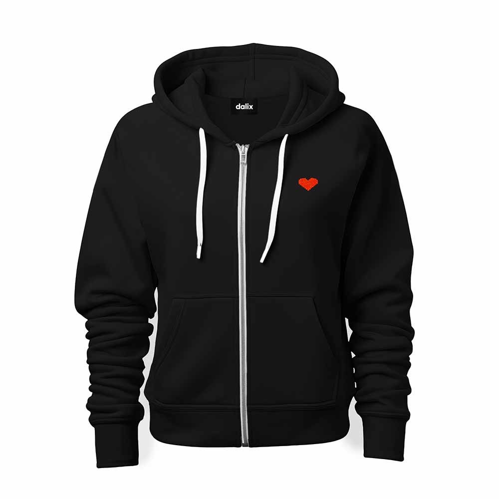 Dalix Pixel Heart Embroidered Zip Hoodie Fleece Long Sleeve Pocket Warm Soft Mens in Black 2XL XX-Large