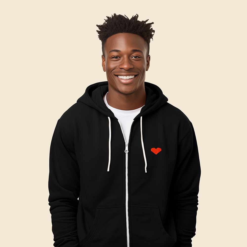 Dalix Pixel Heart Embroidered Zip Hoodie Fleece Long Sleeve Pocket Warm Soft Mens in Black 2XL XX-Large