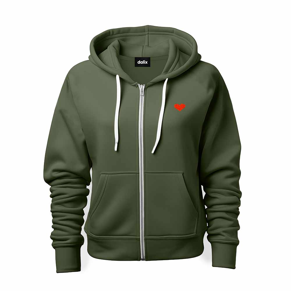 Dalix Pixel Heart Embroidered Zip Hoodie Fleece Long Sleeve Pocket Warm Soft Mens in Military Green 2XL XX-Large
