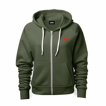 Dalix Pixel Heart Embroidered Zip Hoodie Fleece Long Sleeve Pocket Warm Soft Mens in Military Green 2XL XX-Large