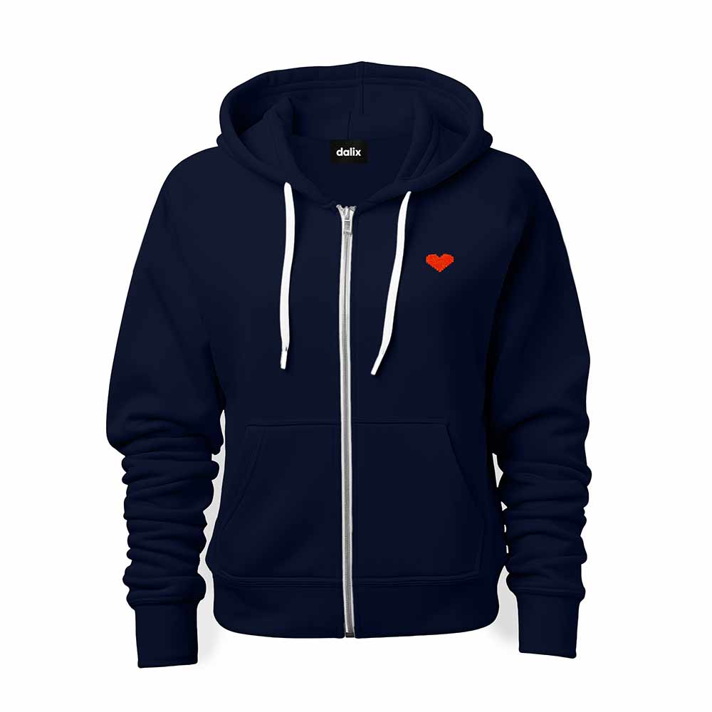 Dalix Pixel Heart Embroidered Zip Hoodie Fleece Long Sleeve Pocket Warm Soft Mens in Navy Blue 2XL XX-Large