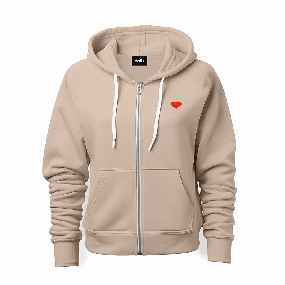 Dalix Pixel Heart Embroidered Zip Hoodie Fleece Long Sleeve Pocket Warm Soft Mens in Tan 2XL XX-Large